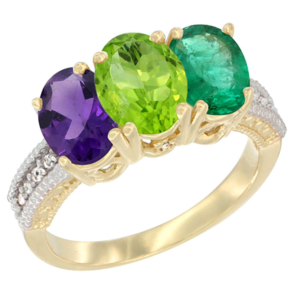 14K Yellow Gold Natural Amethyst, Peridot & Emerald Ring 3-Stone 7x5 mm Oval Diamond Accent, sizes 5 - 10