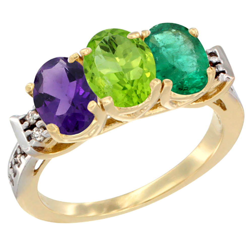 14K Yellow Gold Natural Amethyst, Peridot & Emerald Ring 3-Stone 7x5 mm Oval Diamond Accent, sizes 5 - 10