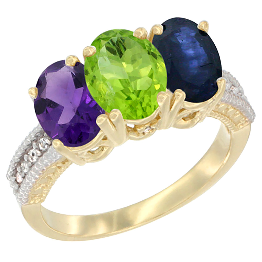 10K Yellow Gold Diamond Natural Amethyst, Peridot &amp; Blue Sapphire Ring Oval 3-Stone 7x5 mm,sizes 5-10