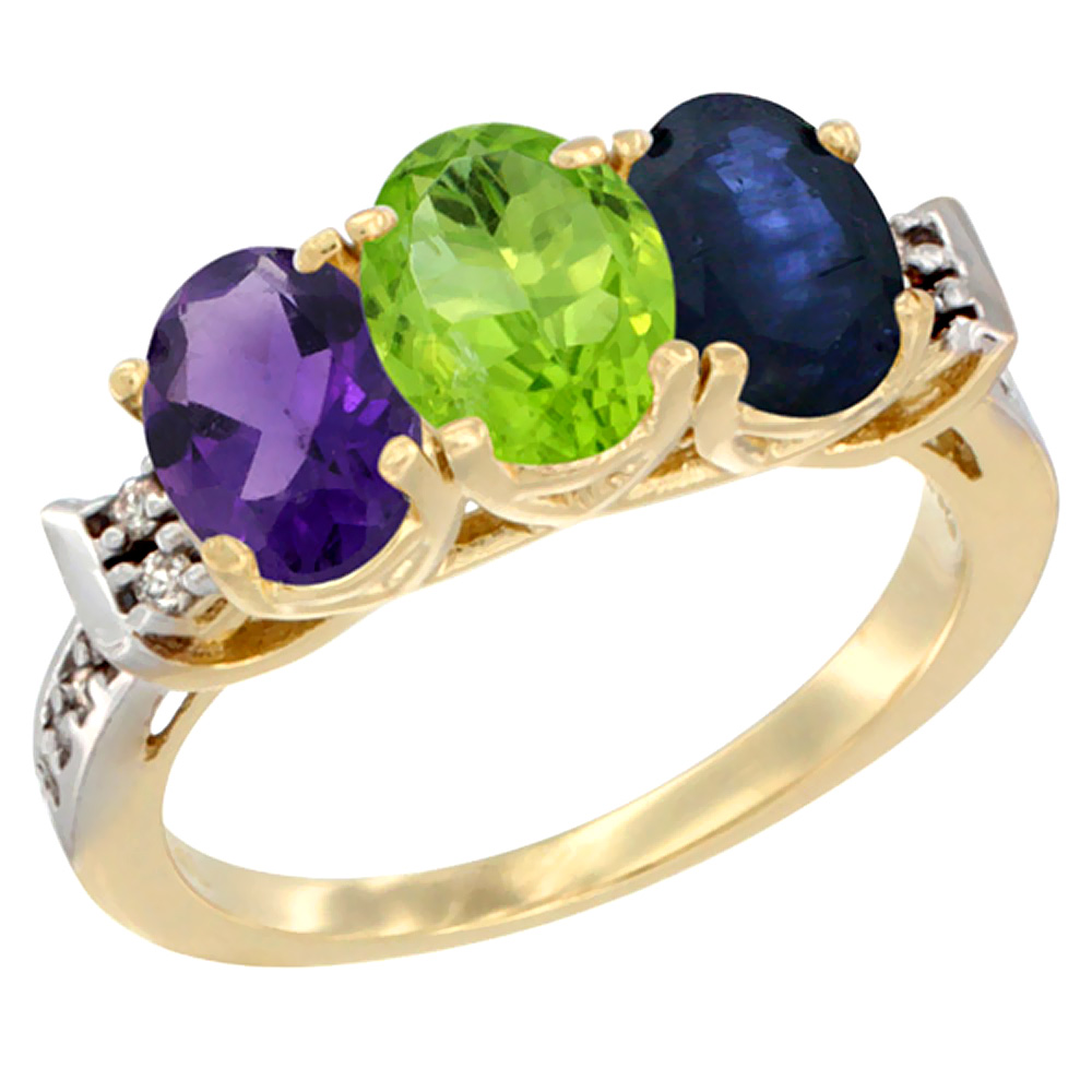 10K Yellow Gold Natural Amethyst, Peridot &amp; Blue Sapphire Ring 3-Stone Oval 7x5 mm Diamond Accent, sizes 5 - 10