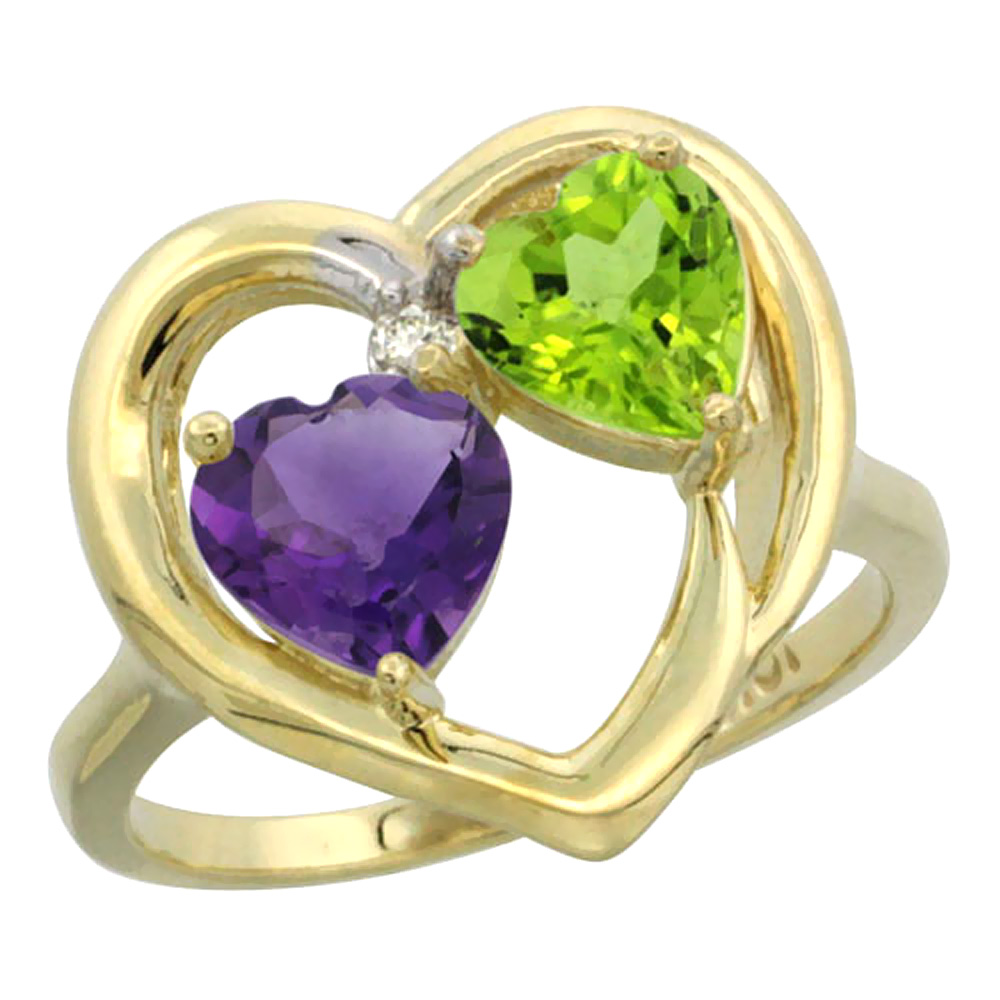 14K Yellow Gold Diamond Two-stone Heart Ring 6mm Natural Amethyst &amp; Peridot, sizes 5-10