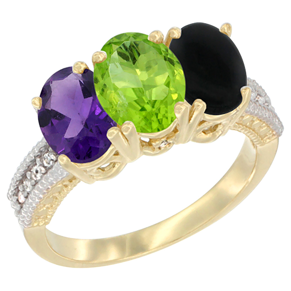 10K Yellow Gold Diamond Natural Amethyst, Peridot &amp; Black Onyx Ring Oval 3-Stone 7x5 mm,sizes 5-10