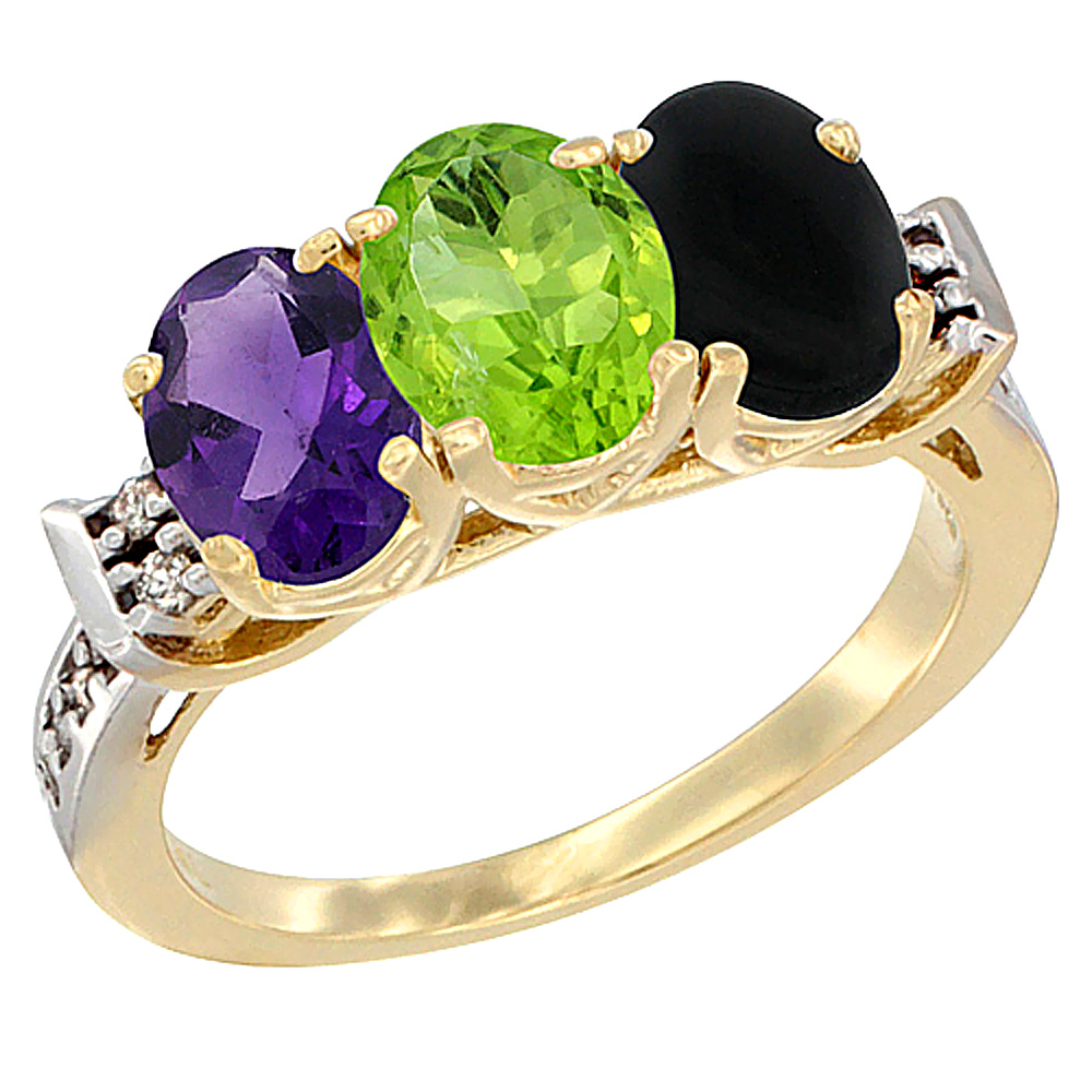 10K Yellow Gold Natural Amethyst, Peridot &amp; Black Onyx Ring 3-Stone Oval 7x5 mm Diamond Accent, sizes 5 - 10