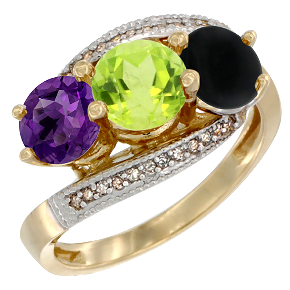 14K Yellow Gold Natural Amethyst, Peridot & Black Onyx 3 stone Ring Round 6mm Diamond Accent, sizes 5 - 10