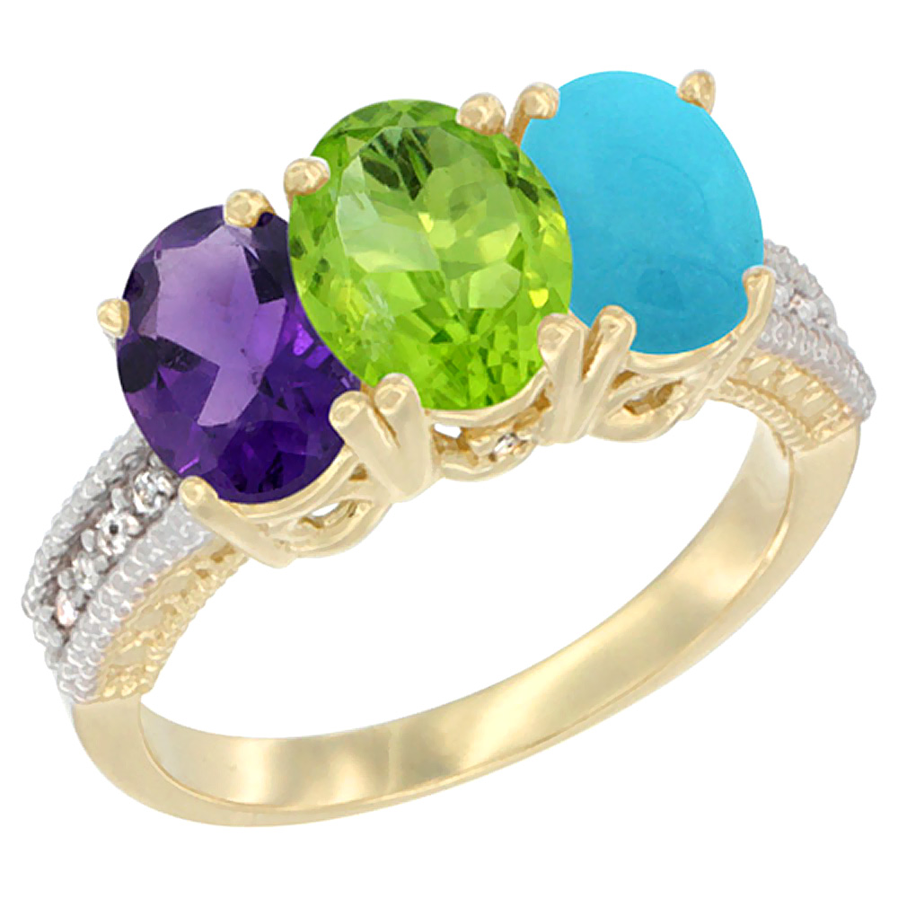 10K Yellow Gold Diamond Natural Amethyst, Peridot &amp; Turquoise Ring Oval 3-Stone 7x5 mm,sizes 5-10