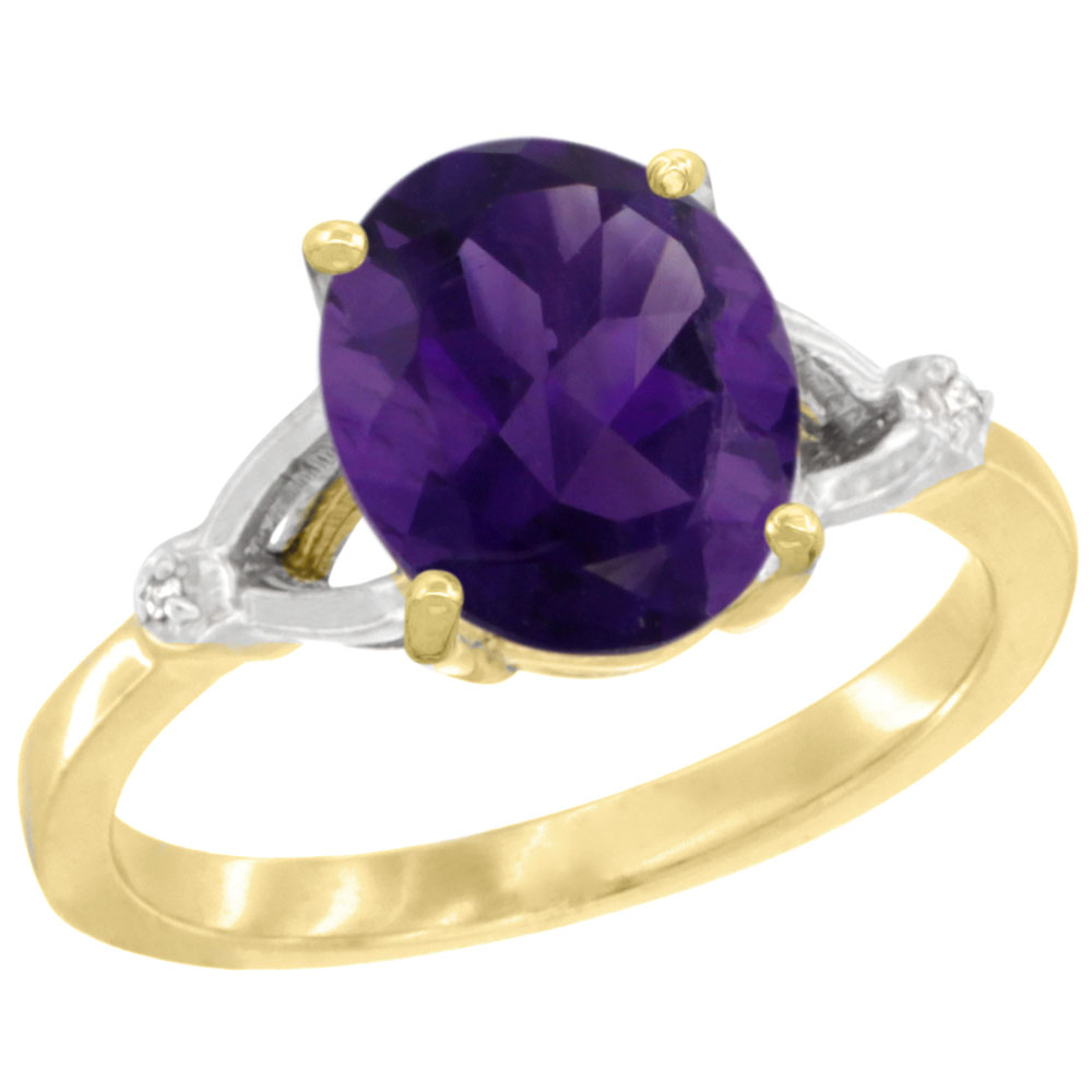 14K Yellow Gold Diamond Natural Amethyst Engagement Ring Oval 10x8mm, sizes 5-10