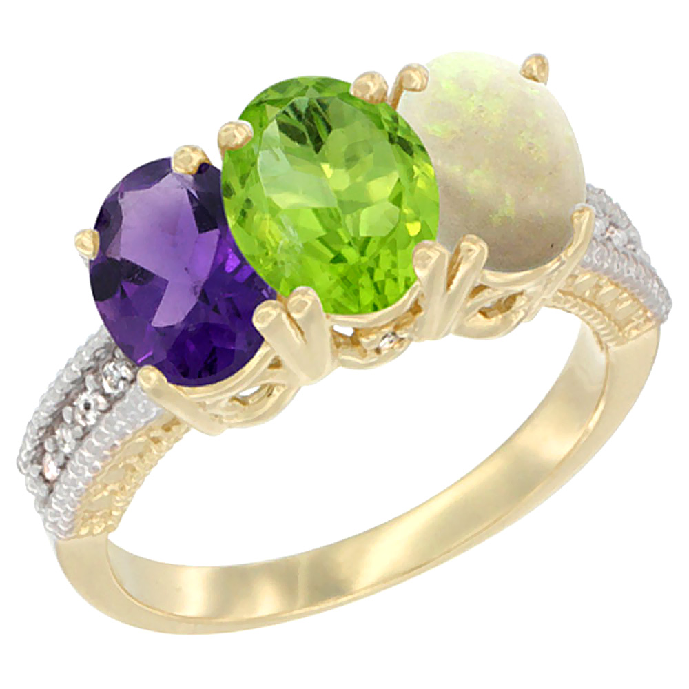 14K Yellow Gold Natural Amethyst, Peridot &amp; Opal Ring 3-Stone 7x5 mm Oval Diamond Accent, sizes 5 - 10