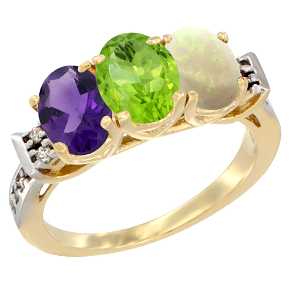 10K Yellow Gold Natural Amethyst, Peridot &amp; Opal Ring 3-Stone Oval 7x5 mm Diamond Accent, sizes 5 - 10