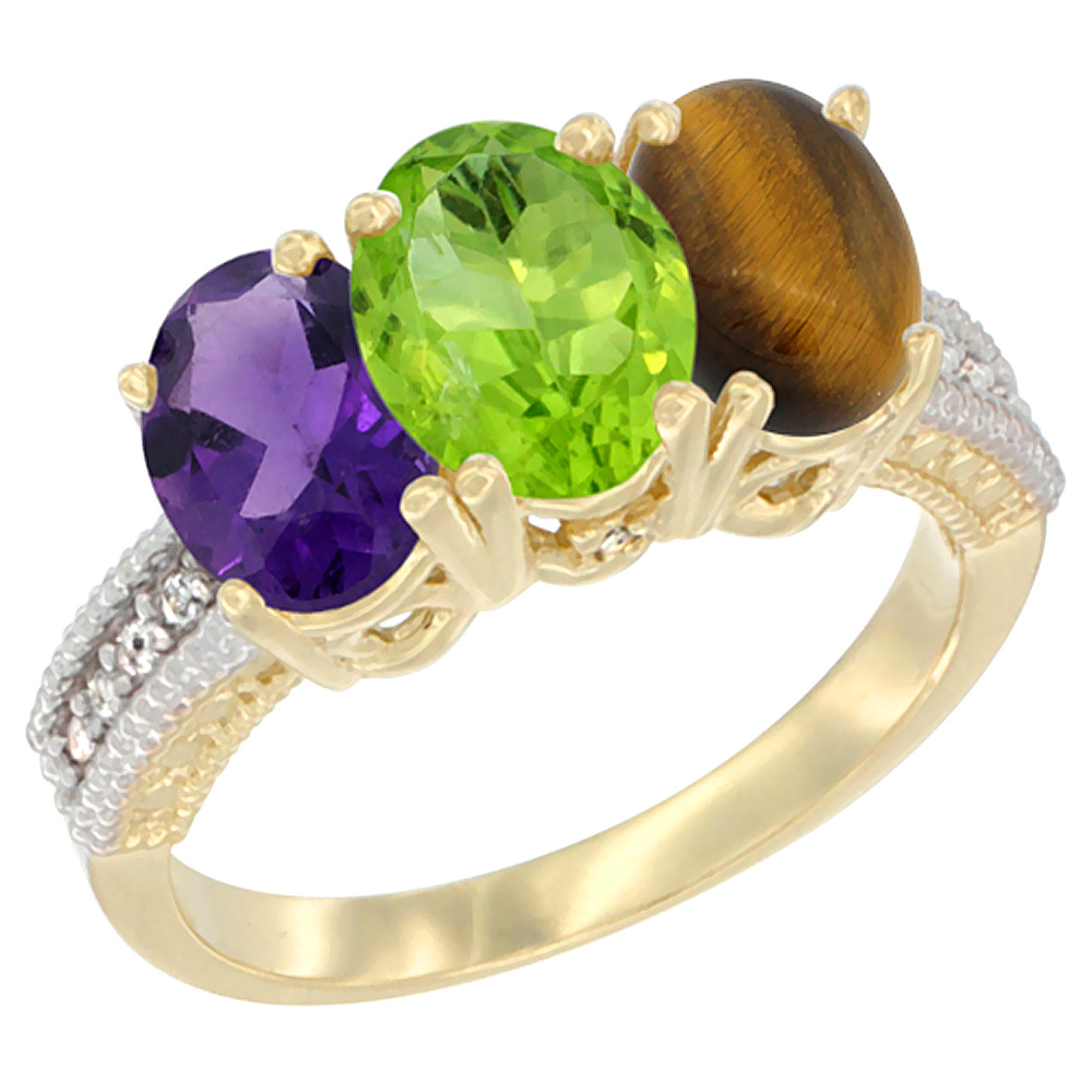 14K Yellow Gold Natural Amethyst, Peridot & Tiger Eye Ring 3-Stone 7x5 mm Oval Diamond Accent, sizes 5 - 10