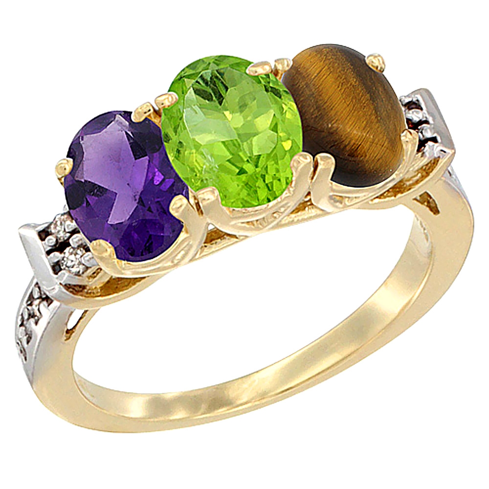 14K Yellow Gold Natural Amethyst, Peridot & Tiger Eye Ring 3-Stone 7x5 mm Oval Diamond Accent, sizes 5 - 10