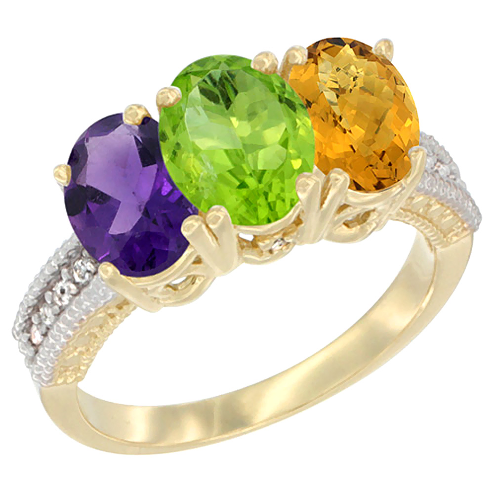 14K Yellow Gold Natural Amethyst, Peridot & Whisky Quartz Ring 3-Stone 7x5 mm Oval Diamond Accent, sizes 5 - 10