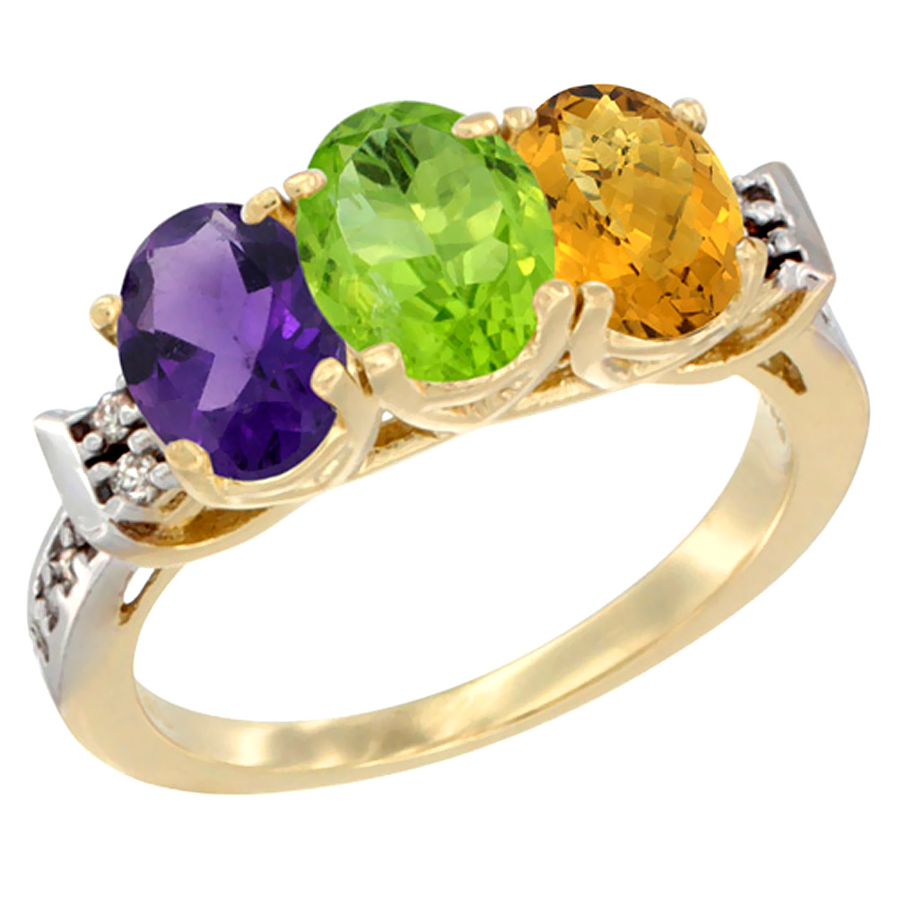 14K Yellow Gold Natural Amethyst, Peridot & Whisky Quartz Ring 3-Stone 7x5 mm Oval Diamond Accent, sizes 5 - 10