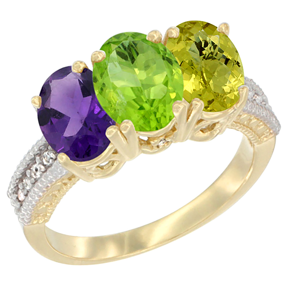 14K Yellow Gold Natural Amethyst, Peridot & Lemon Quartz Ring 3-Stone 7x5 mm Oval Diamond Accent, sizes 5 - 10