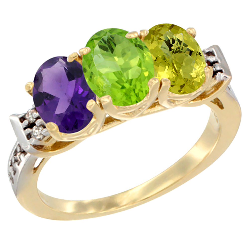 14K Yellow Gold Natural Amethyst, Peridot & Lemon Quartz Ring 3-Stone 7x5 mm Oval Diamond Accent, sizes 5 - 10