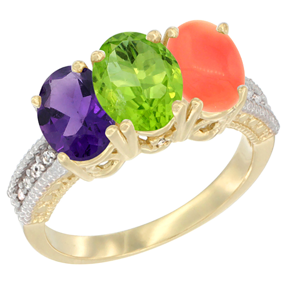 10K Yellow Gold Diamond Natural Amethyst, Peridot &amp; Coral Ring Oval 3-Stone 7x5 mm,sizes 5-10