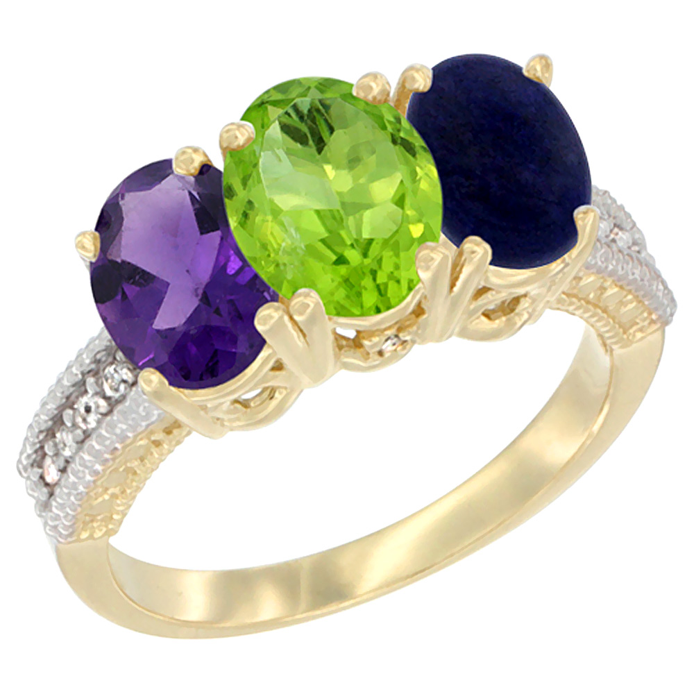 14K Yellow Gold Natural Amethyst, Peridot & Lapis Ring 3-Stone 7x5 mm Oval Diamond Accent, sizes 5 - 10