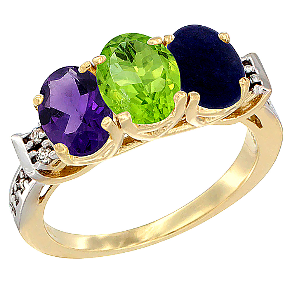 10K Yellow Gold Natural Amethyst, Peridot &amp; Lapis Ring 3-Stone Oval 7x5 mm Diamond Accent, sizes 5 - 10