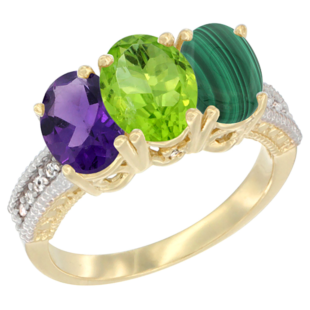 14K Yellow Gold Natural Amethyst, Peridot & Malachite Ring 3-Stone 7x5 mm Oval Diamond Accent, sizes 5 - 10