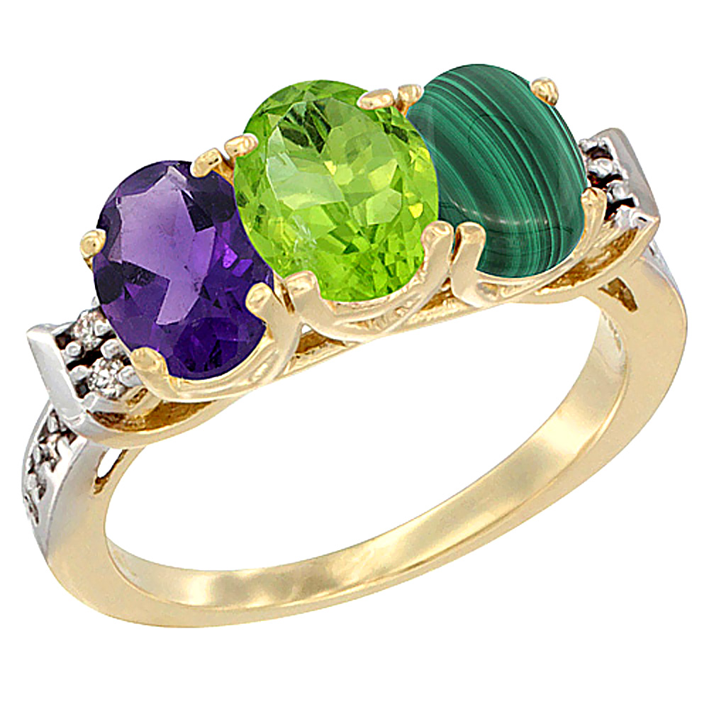 14K Yellow Gold Natural Amethyst, Peridot & Malachite Ring 3-Stone 7x5 mm Oval Diamond Accent, sizes 5 - 10