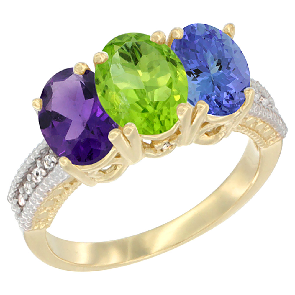 14K Yellow Gold Natural Amethyst, Peridot & Tanzanite Ring 3-Stone 7x5 mm Oval Diamond Accent, sizes 5 - 10