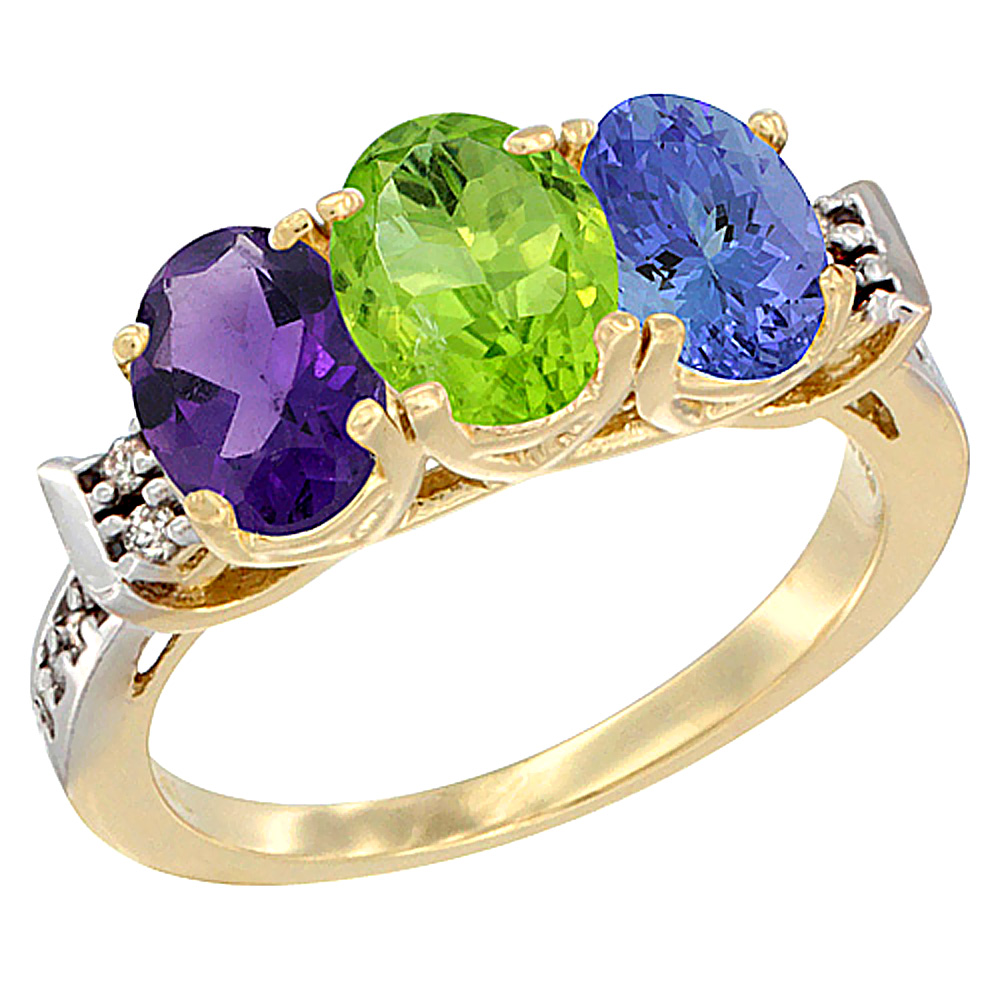 14K Yellow Gold Natural Amethyst, Peridot &amp; Tanzanite Ring 3-Stone 7x5 mm Oval Diamond Accent, sizes 5 - 10