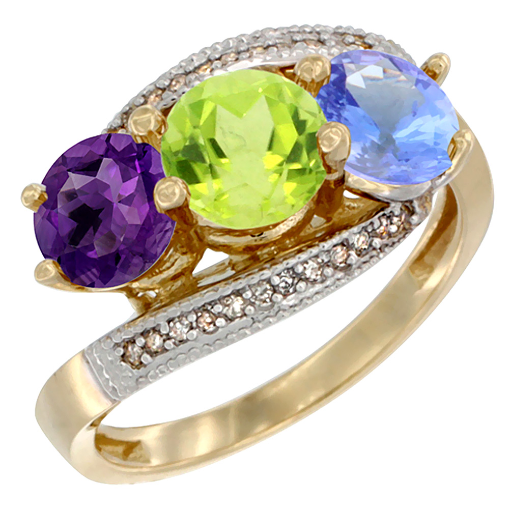 10K Yellow Gold Natural Amethyst, Peridot &amp; Tanzanite 3 stone Ring Round 6mm Diamond Accent, sizes 5 - 10