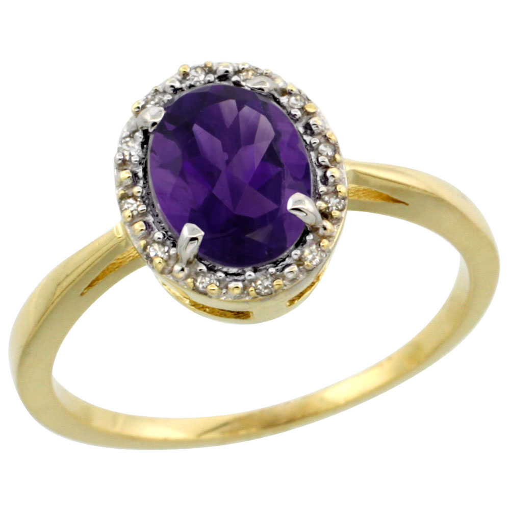 10k Yellow Gold Diamond Halo Genuine Amethyst Ring Oval 8x6 mm sizes 5-10