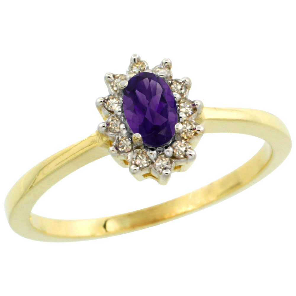 10k Yellow Gold Diamond Halo Genuine Amethyst Ring Oval 5x3mm sizes 5-10