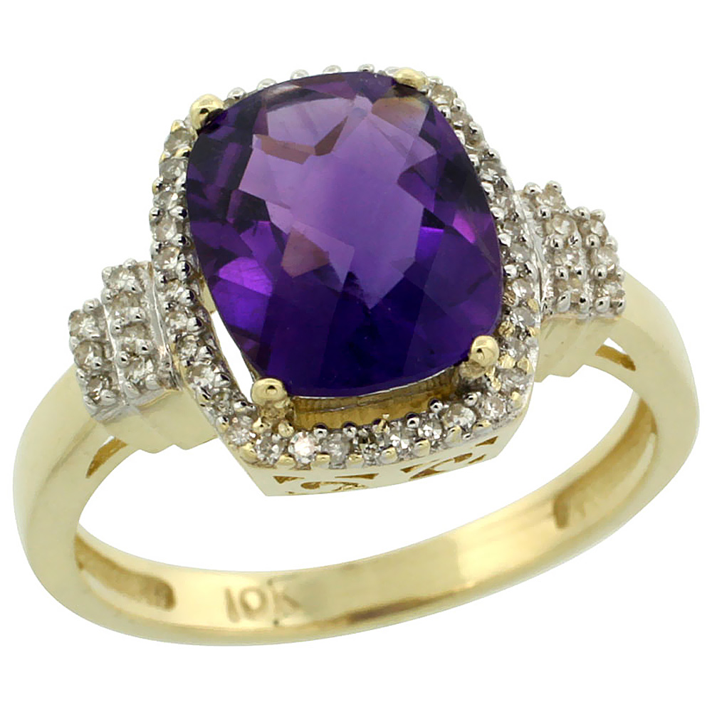 10k Yellow Gold Diamond Halo Genuine Amethyst Ring Cushion-cut 9x7mm sizes 5-10