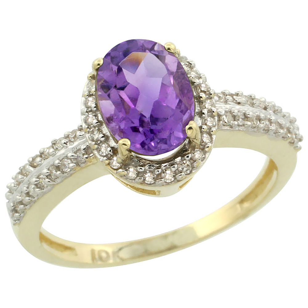 10k Yellow Gold Diamond Halo Genuine Amethyst Ring Oval 8x6mm sizes 5-10