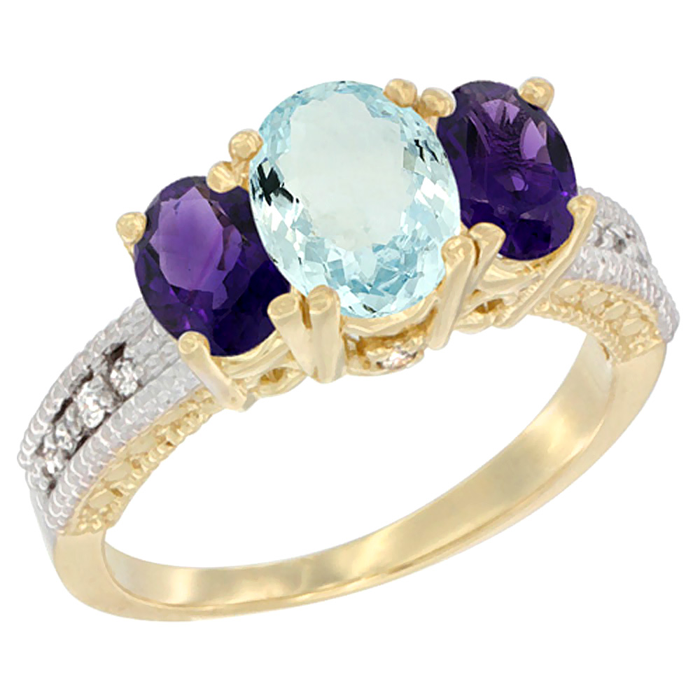 10K Yellow Gold Diamond Natural Aquamariine Ring Oval 3-stone with Amethyst, sizes 5 - 10