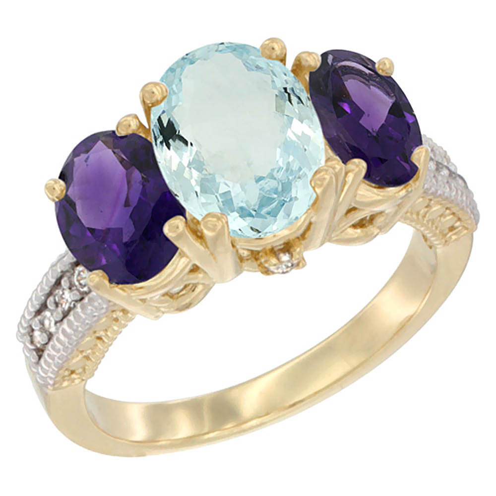 10K Yellow Gold Diamond Natural Aquamarine Ring 3-Stone Oval 8x6mm with Amethyst, sizes5-10