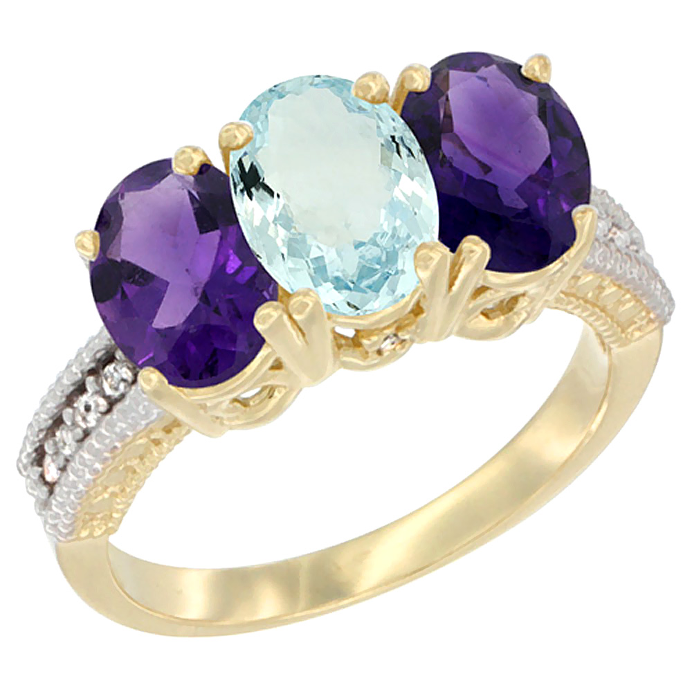 14K Yellow Gold Natural Aquamarine & Amethyst Ring 3-Stone 7x5 mm Oval Diamond Accent, sizes 5 - 10