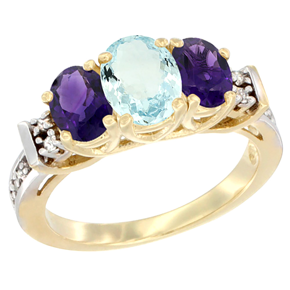 14K Yellow Gold Natural Aquamarine & Amethyst Ring 3-Stone Oval Diamond Accent