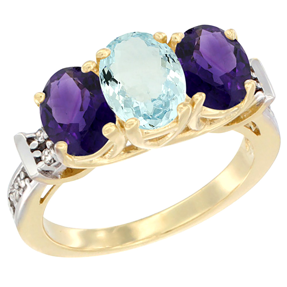 10K Yellow Gold Natural Aquamarine &amp; Amethyst Sides Ring 3-Stone Oval Diamond Accent, sizes 5 - 10