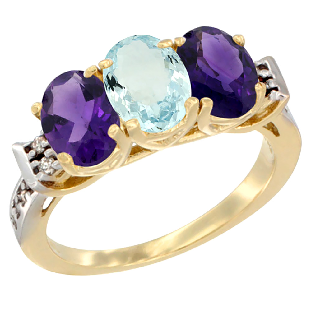 10K Yellow Gold Natural Aquamarine & Amethyst Sides Ring 3-Stone Oval 7x5 mm Diamond Accent, sizes 5 - 10
