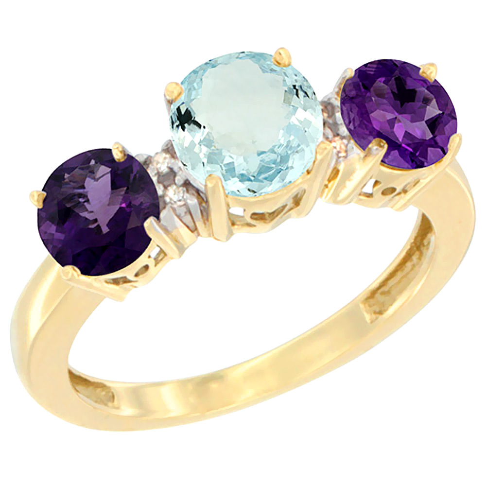 10K Yellow Gold Round 3-Stone Natural Aquamarine Ring &amp; Amethyst Sides Diamond Accent, sizes 5 - 10