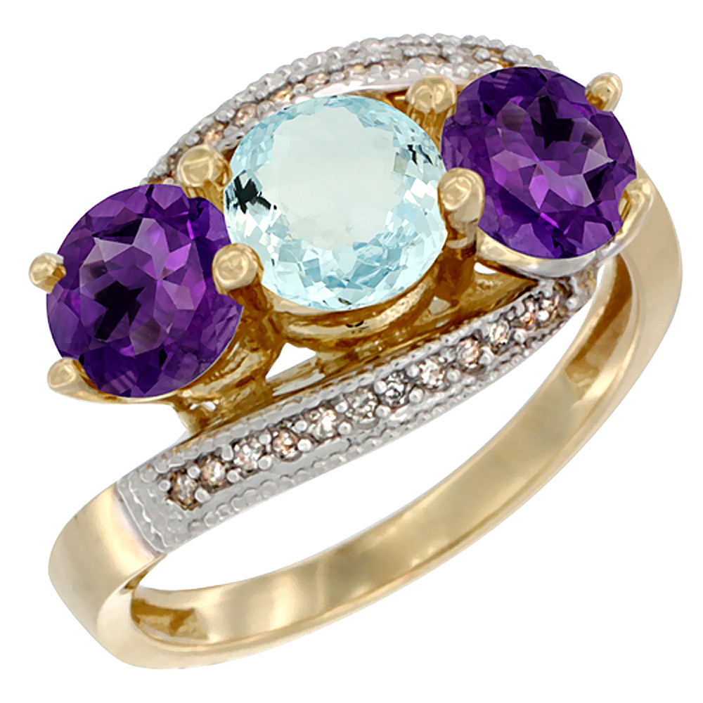 10K Yellow Gold Natural Aquamarine &amp; Amethyst Sides 3 stone Ring Round 6mm Diamond Accent, sizes 5 - 10