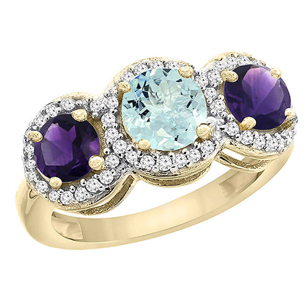 14K Yellow Gold Natural Aquamarine &amp; Amethyst Sides Round 3-stone Ring Diamond Accents, sizes 5 - 10