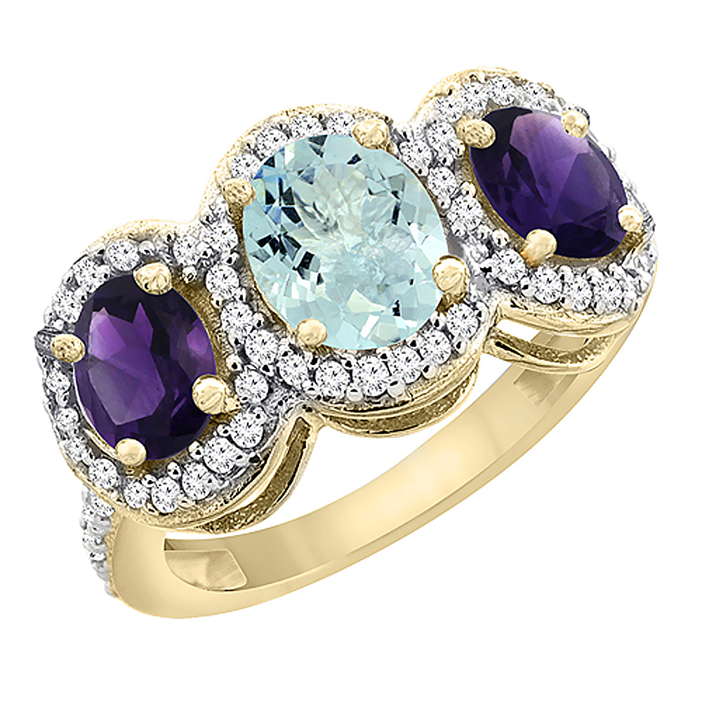10K Yellow Gold Natural Aquamarine & Amethyst 3-Stone Ring Oval Diamond Accent, sizes 5 - 10