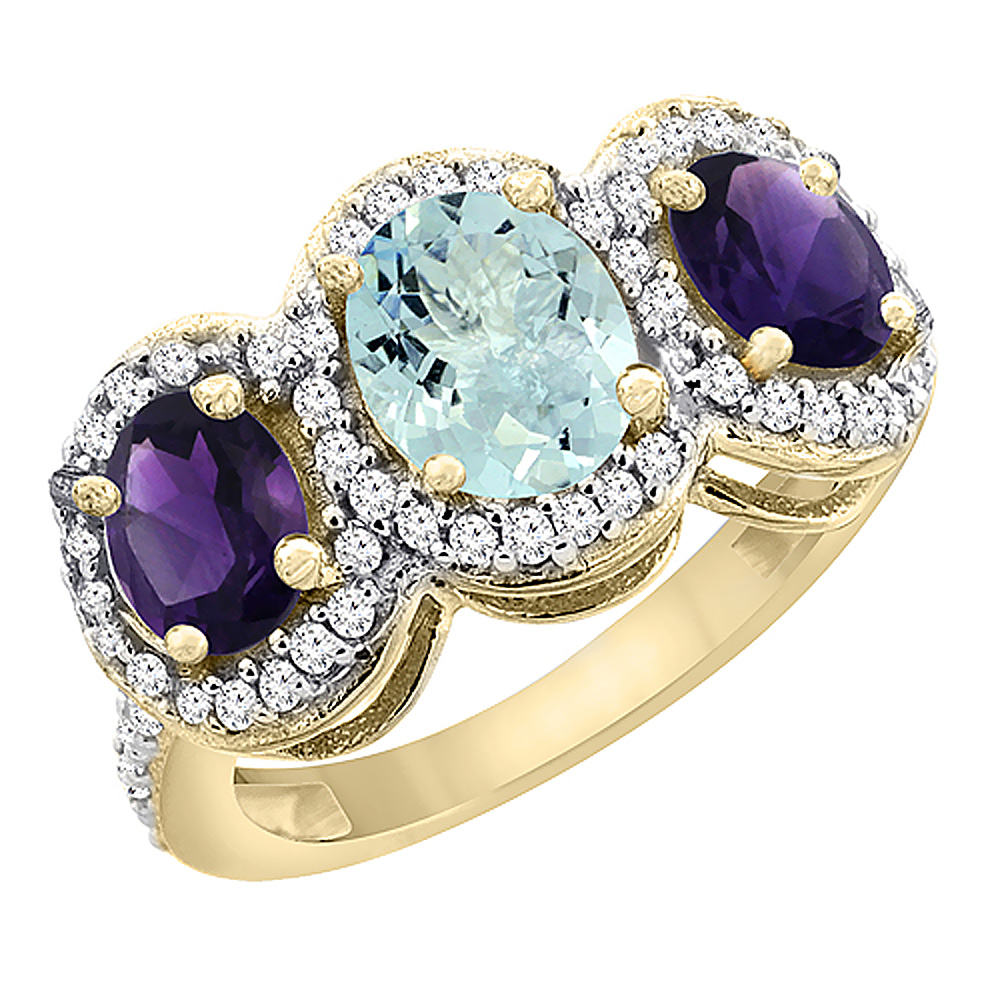 14K Yellow Gold Natural Aquamarine &amp; Amethyst 3-Stone Ring Oval Diamond Accent, sizes 5 - 10