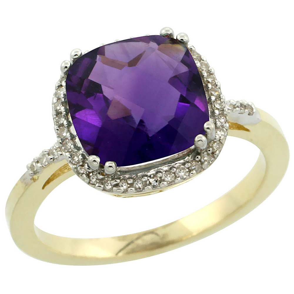 10K Yellow Gold Diamond Genuine Amethyst Ring Cushion-cut 9x9mm sizes 5-10