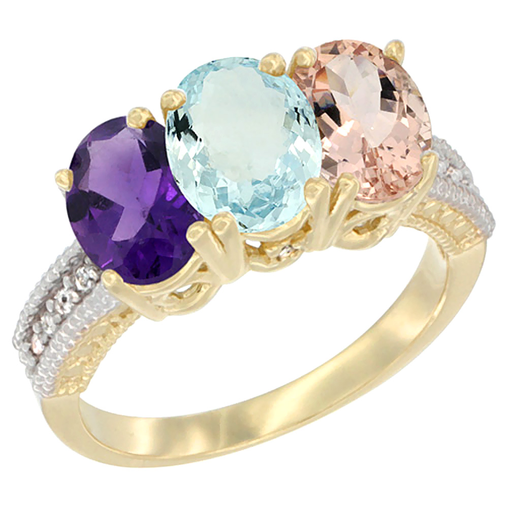 10K Yellow Gold Diamond Natural Amethyst, Aquamarine & Morganite Ring Oval 3-Stone 7x5 mm,sizes 5-10