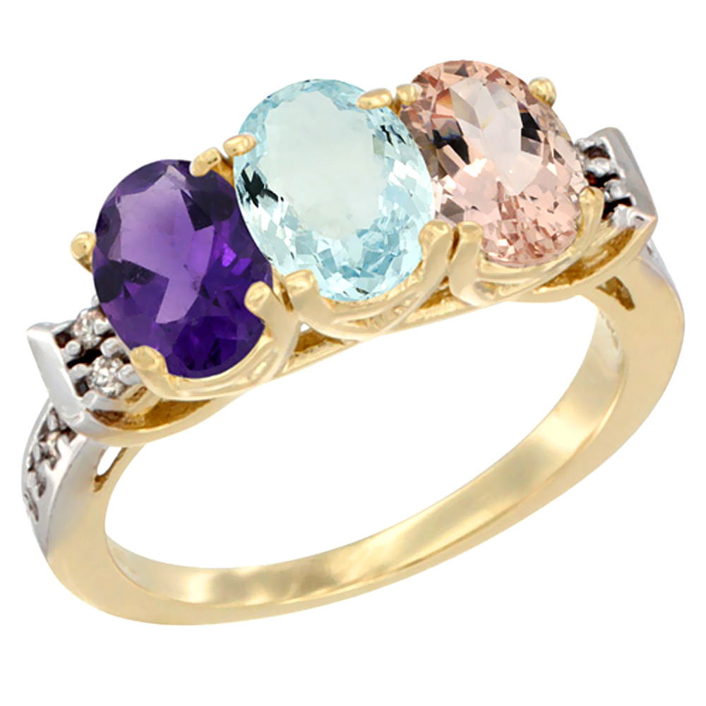 10K Yellow Gold Natural Amethyst, Aquamarine &amp; Morganite Ring 3-Stone Oval 7x5 mm Diamond Accent, sizes 5 - 10