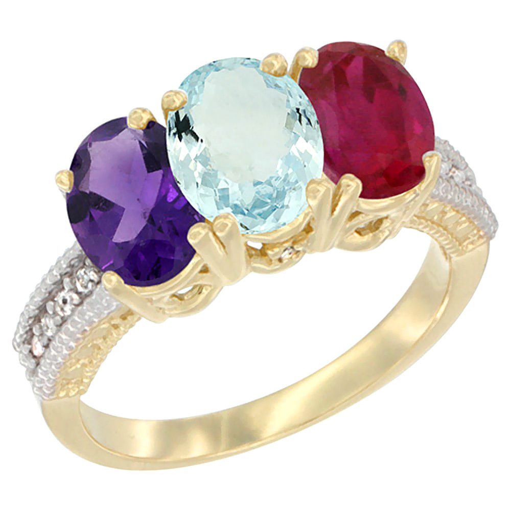 14K Yellow Gold Natural Amethyst, Aquamarine &amp; Enhanced Ruby Ring 3-Stone 7x5 mm Oval Diamond Accent, sizes 5 - 10