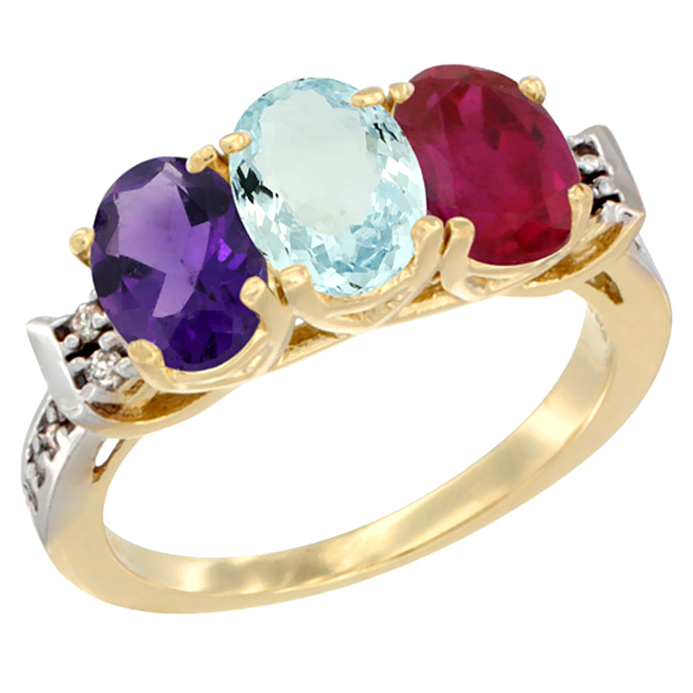 14K Yellow Gold Natural Amethyst, Aquamarine &amp; Enhanced Ruby Ring 3-Stone 7x5 mm Oval Diamond Accent, sizes 5 - 10