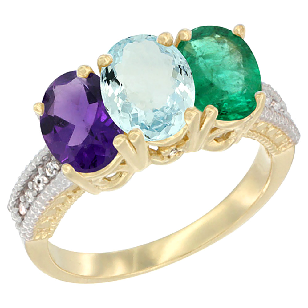 14K Yellow Gold Natural Amethyst, Aquamarine & Emerald Ring 3-Stone 7x5 mm Oval Diamond Accent, sizes 5 - 10