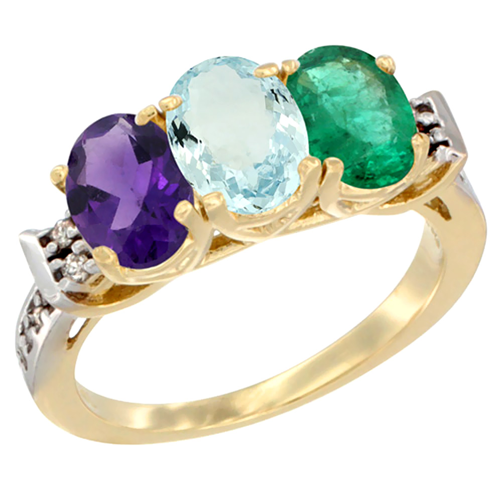 14K Yellow Gold Natural Amethyst, Aquamarine & Emerald Ring 3-Stone 7x5 mm Oval Diamond Accent, sizes 5 - 10