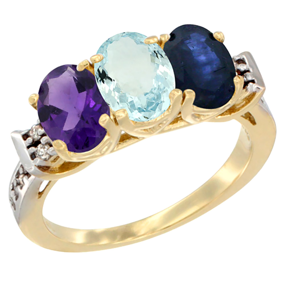 10K Yellow Gold Natural Amethyst, Aquamarine &amp; Blue Sapphire Ring 3-Stone Oval 7x5 mm Diamond Accent, sizes 5 - 10