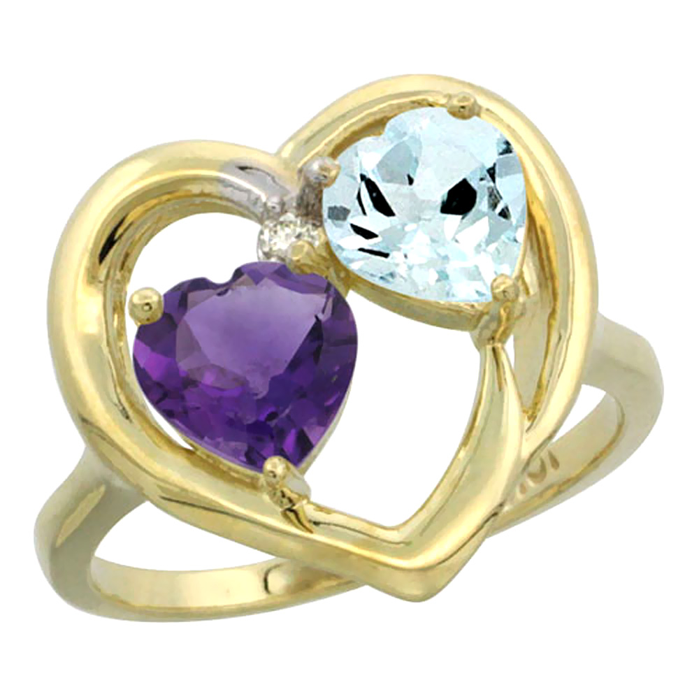 14K Yellow Gold Diamond Two-stone Heart Ring 6mm Natural Amethyst &amp; Aquamarine, sizes 5-10